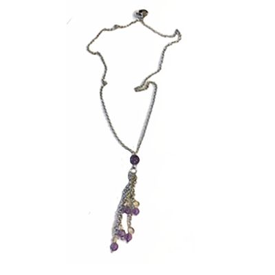 SILVER STAINLESS AMETHYST BEAD &amp; CHAIN NECKLACE