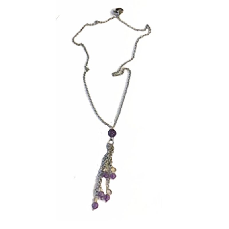 SILVER STAINLESS AMETHYST BEAD &amp; CHAIN NECKLACE