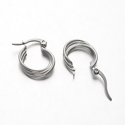 SILVER STAINLESS 3 BAND 20MM HOOP EARRINGS