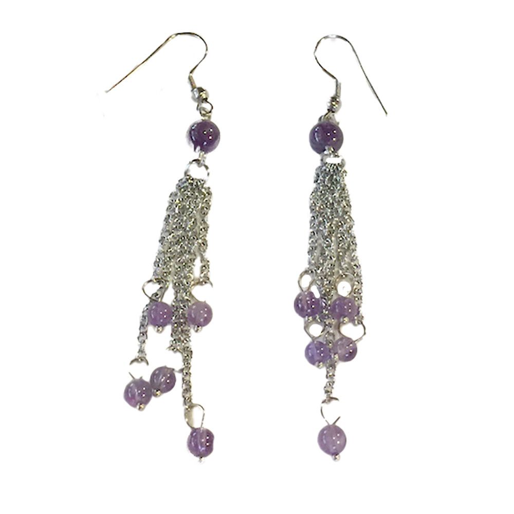 SILVER STAINLESS AMETHYST BEAD &amp; CHAIN EARRINGS