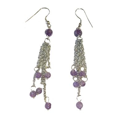 SILVER STAINLESS AMETHYST BEAD &amp; CHAIN EARRINGS