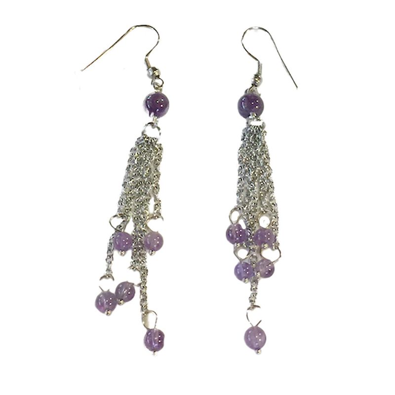 SILVER STAINLESS AMETHYST BEAD & CHAIN EARRINGS SILVER STAINLESS AMETHYST BEAD & CHAIN EARRINGS