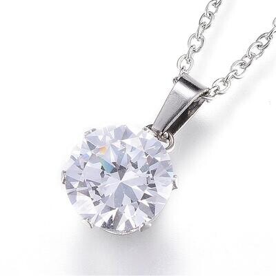 SILVER STAINLESS SOLITAIRE CZ NECKLACE FJN68