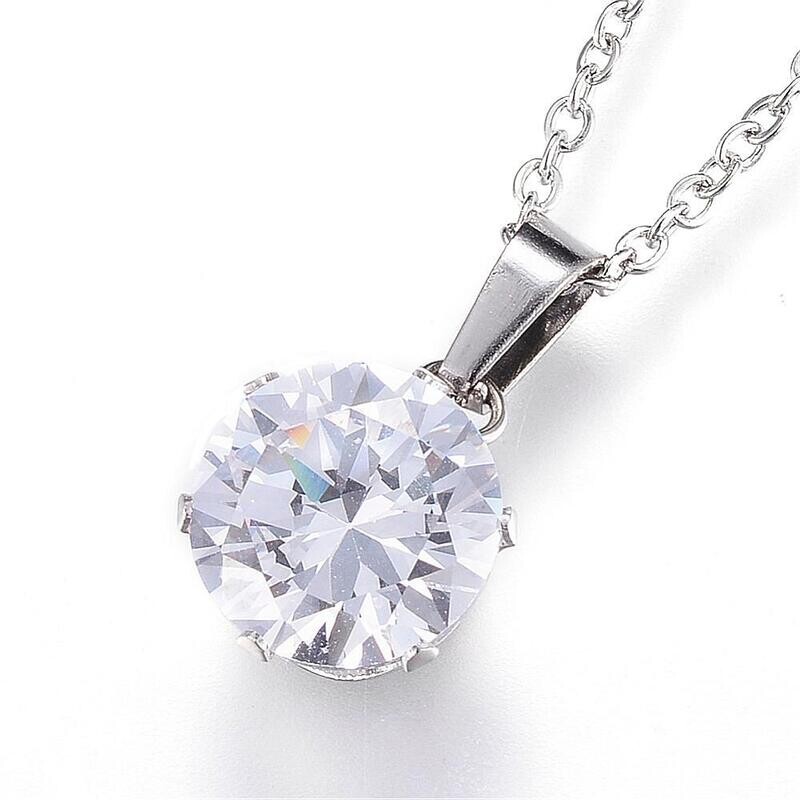 SILVER STAINLESS SOLITAIRE CZ NECKLACE FJN68