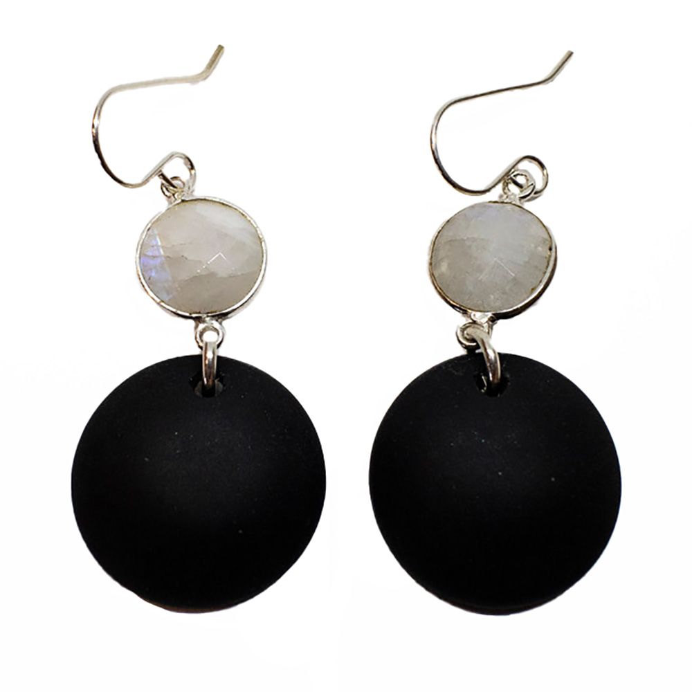 SILVER SEA GLASS  BLACK &amp; MOON STONE EARRINGS