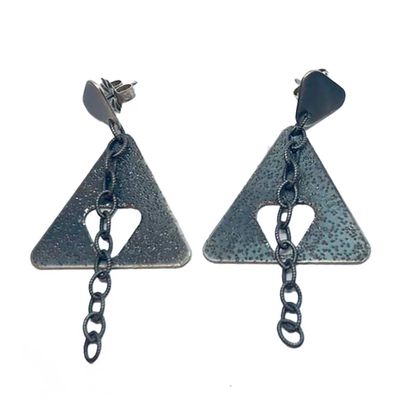 SILVER OXIDIZED TEXTURED TRI &amp; CHAIN EARRINGS