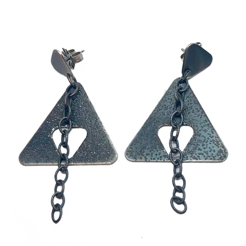 SILVER OXIDIZED TEXTURED TRI &amp; CHAIN EARRINGS