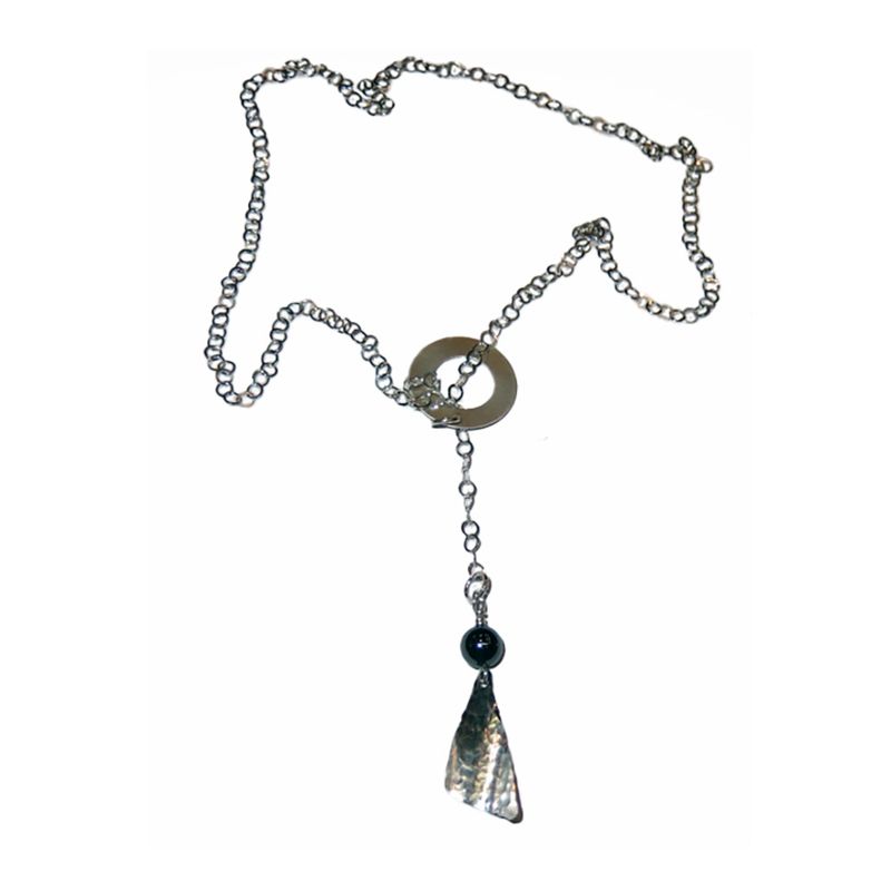 SILVER CUT-OUT CIRCLE & HEMATITE W/TRIANGLE LARIAT SILVER CUT-OUT CIRCLE & HEMATITE W/TRIANGLE LARIAT