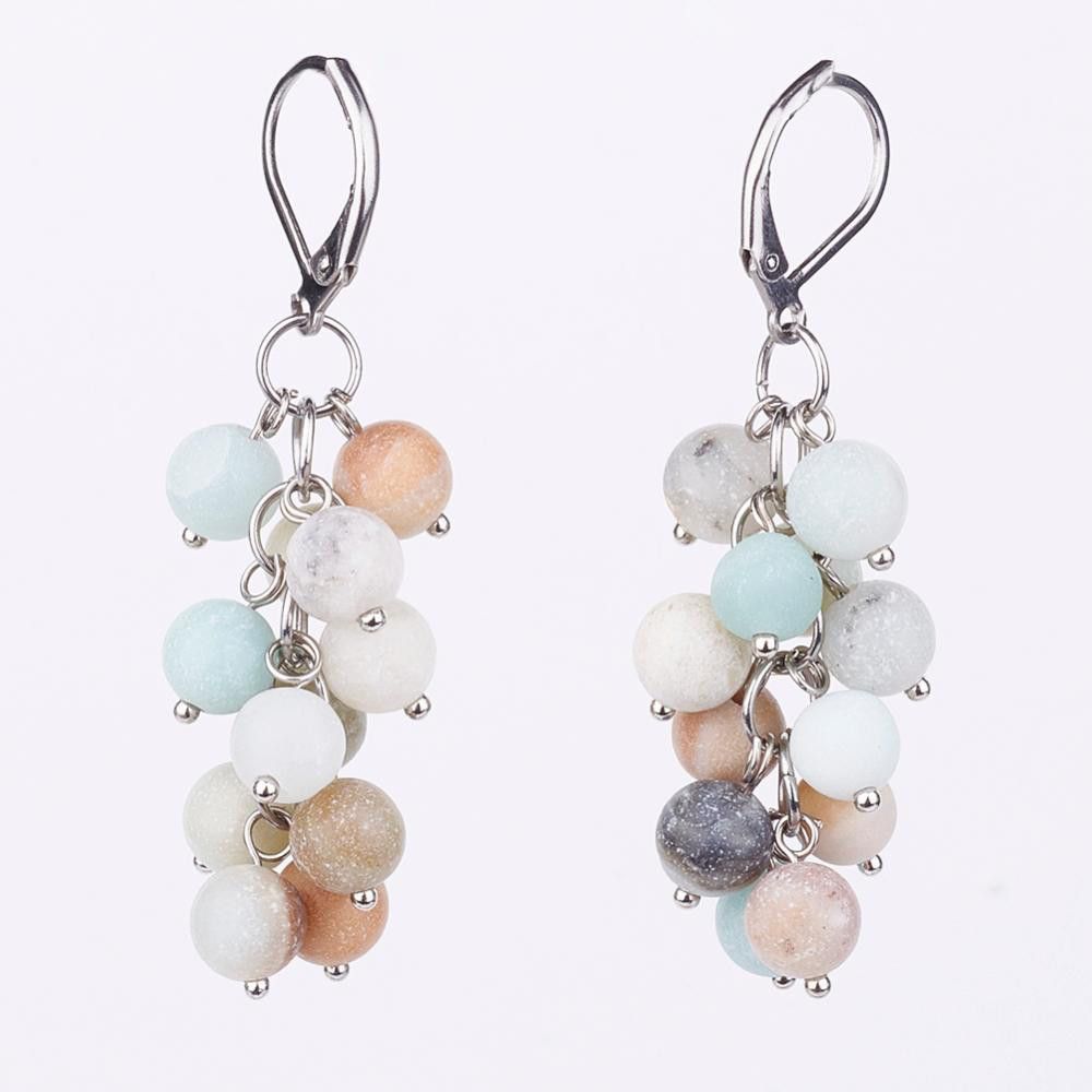 SILVER STAINLESS AMAZONITE BEAD CLUSTER EARRINGS