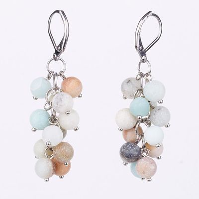 SILVER STAINLESS AMAZONITE BEAD CLUSTER EARRINGS