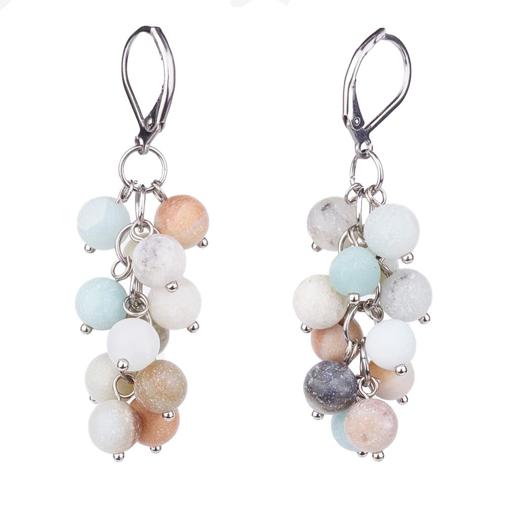 SILVER STAINLESS AMAZONITE BEAD CLUSTER EARRINGS