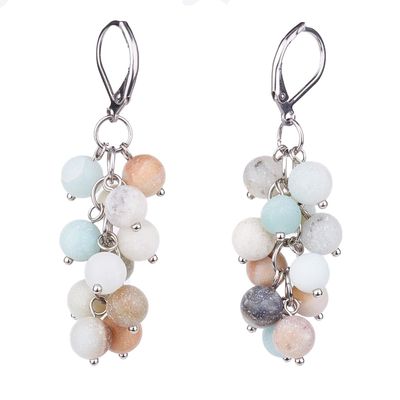 SILVER STAINLESS AMAZONITE BEAD CLUSTER EARRINGS SILVER STAINLESS AMAZONITE BEAD CLUSTER EARRINGS