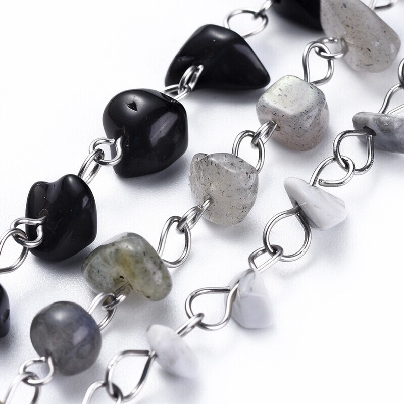 SILVER STAINLESS MULTI-STONES CHIP BRACELET