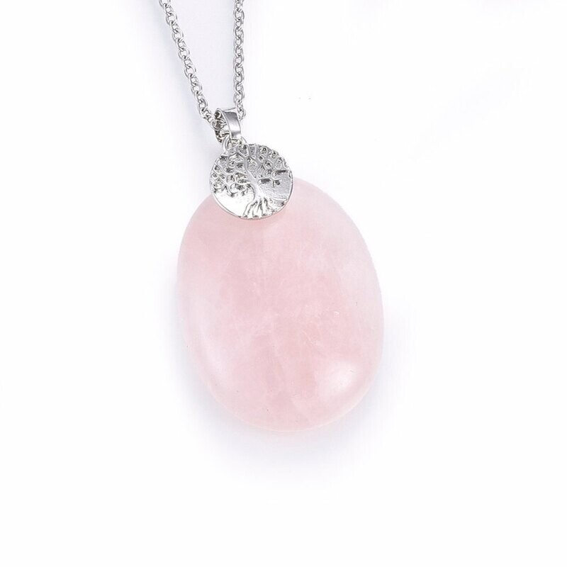SILVER STAINLESS ROSE QUARTZ NECKLACE