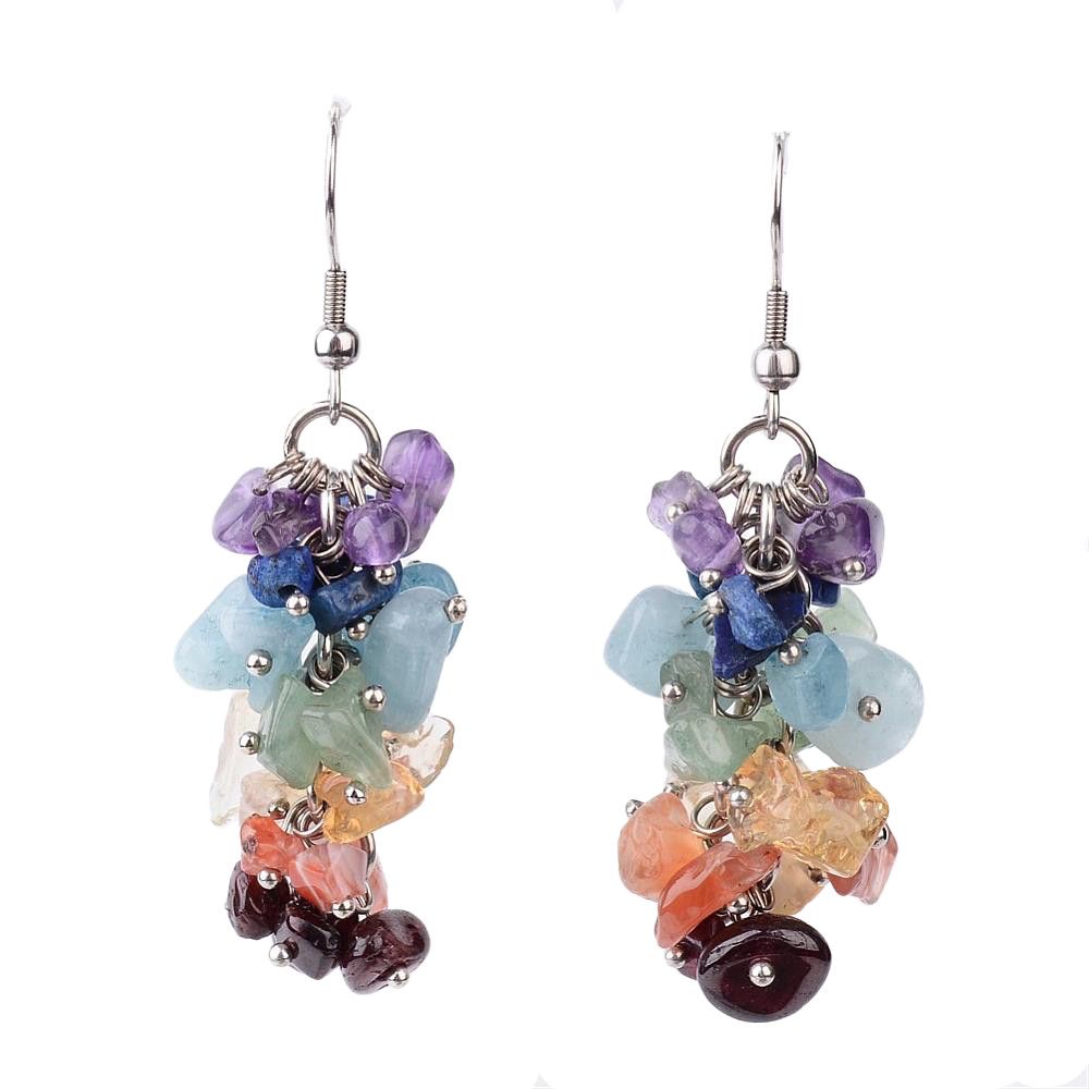 SILVER STAINLESS MIXED STONES CHIP EARRINGS