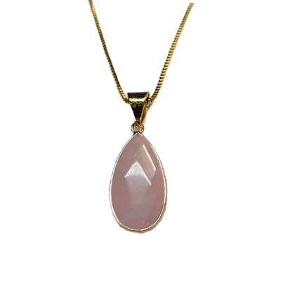 GOLD STAINLESS ROSE QUARTZ TEARDROP NECKLACE
