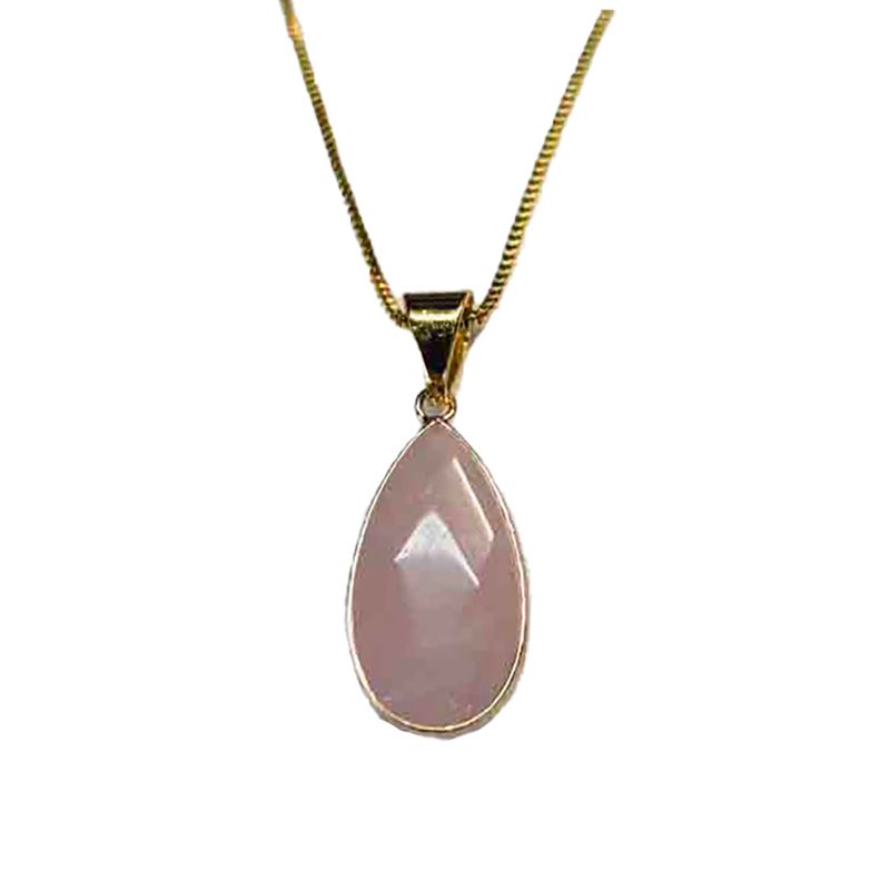 GOLD STAINLESS ROSE QUARTZ TEARDROP NECKLACE