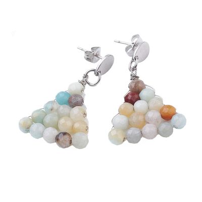 SILVER STAINLESS AMAZONITE BEADED TRIANGLE EARRINGS