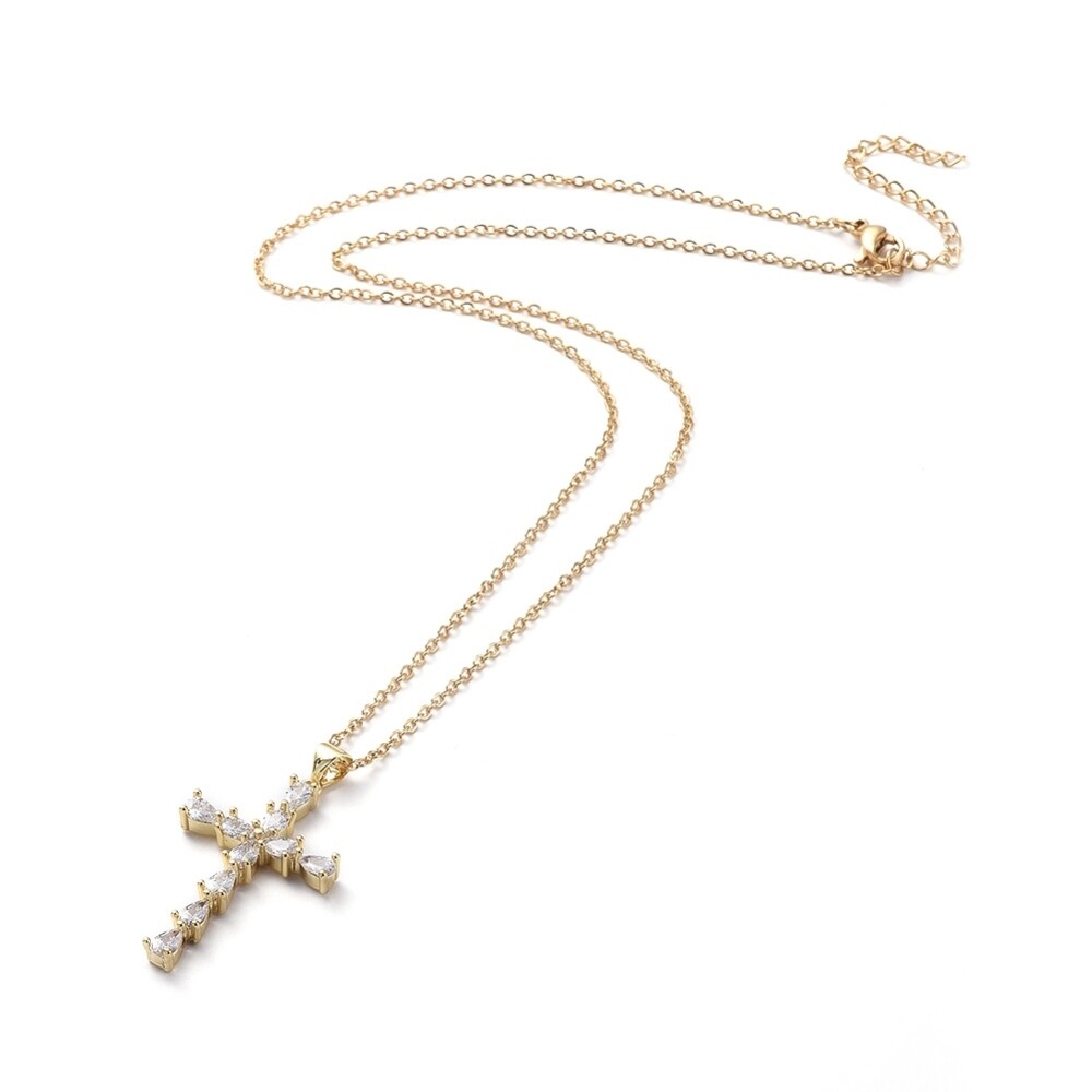 GOLD STAINLESS CZ CROSS NECKLACE FJN65
