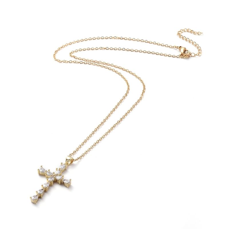 GOLD STAINLESS CZ CROSS NECKLACE FJN65