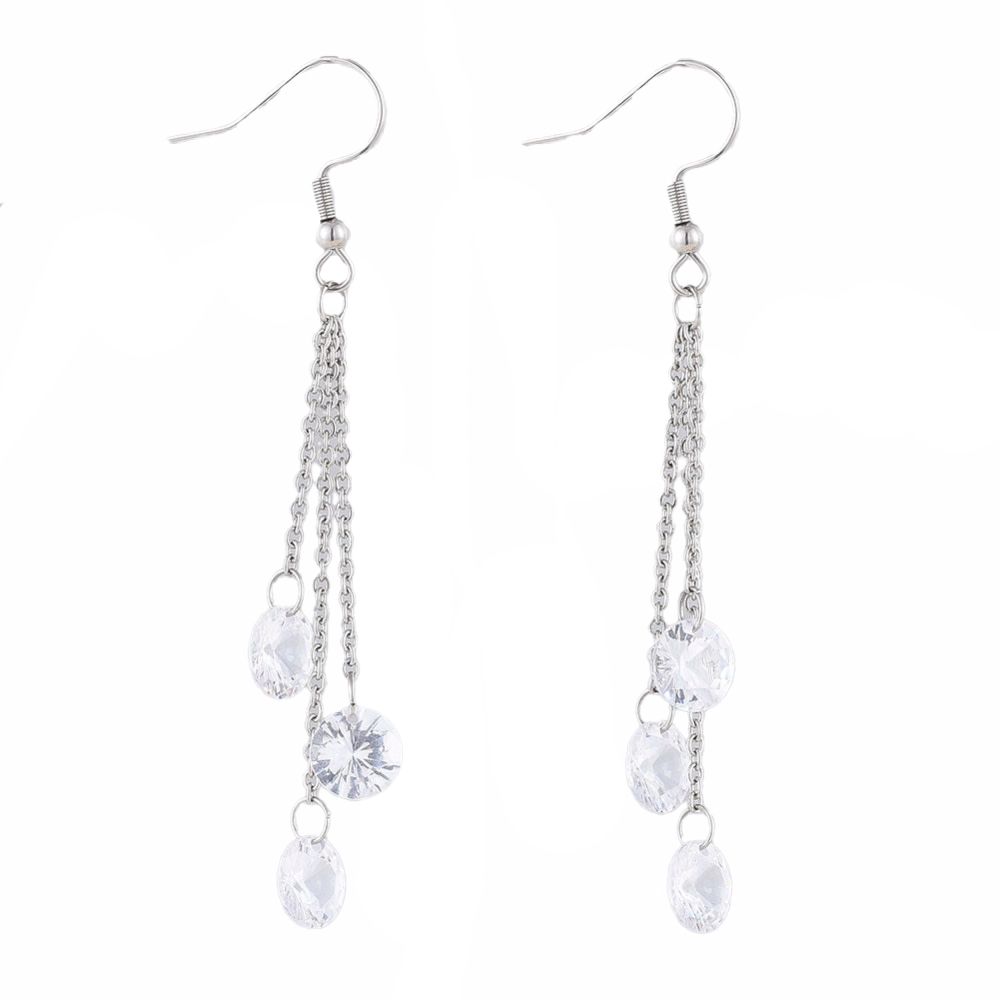 SILVER STAINLESS 3 CZ CHAIN DANGLE EARRINGS FJETD