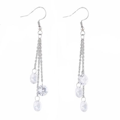 SILVER STAINLESS 3 CZ CHAIN DANGLE EARRINGS FJETD