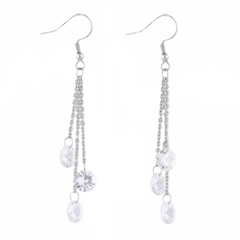 SILVER STAINLESS 3 CZ CHAIN DANGLE EARRINGS FJETD SILVER STAINLESS 3 CZ CHAIN DANGLE EARRINGS FJETD