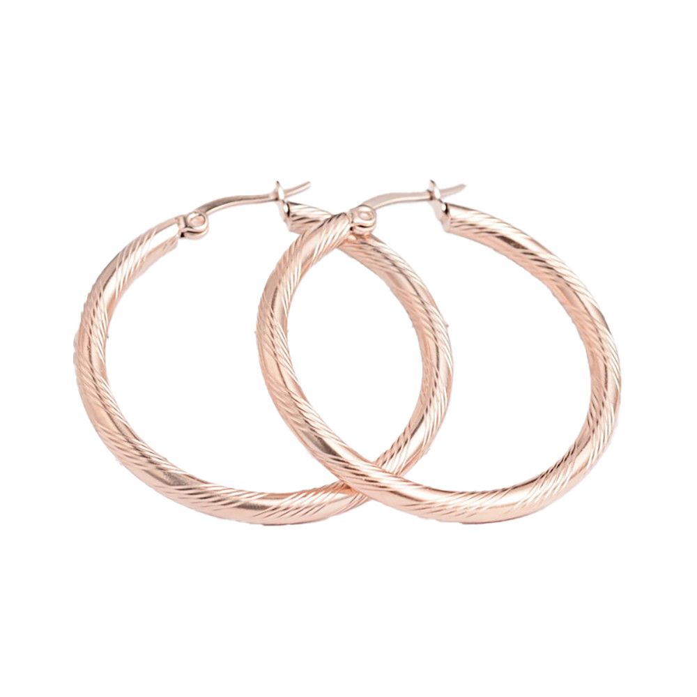 ROSE STAINLESS  TEXTURED LINES HOOP EARRINGS