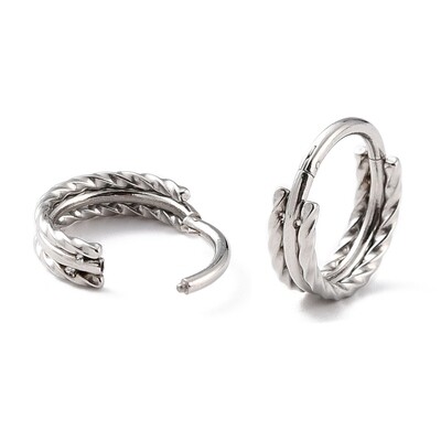 SILVER STAINLESS TEXTURED 12.5MM HOOP HUGGIE EARRINGS