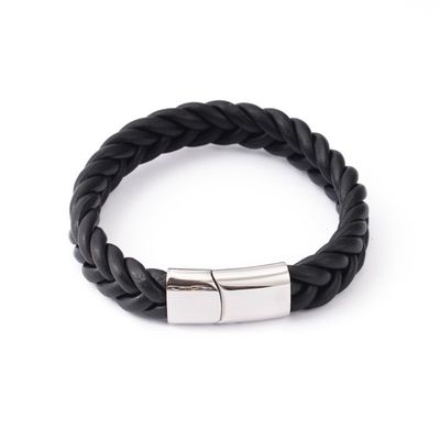 SILVER STAINLESS BLACK LEATHER BRAIDED BRACELET