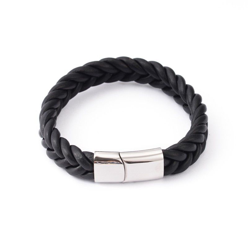 SILVER STAINLESS BLACK LEATHER BRAIDED BRACELET