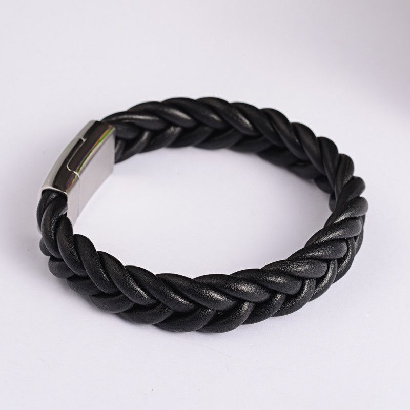 SILVER STAINLESS BLACK LEATHER BRAIDED BRACELET