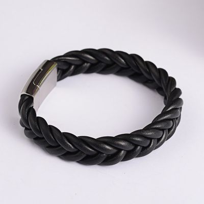 SILVER STAINLESS BLACK LEATHER BRAIDED BRACELET