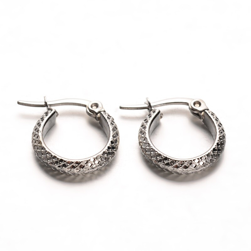 SILVER STAINLESS TEXTURE 15.5MM HOOP EARRINGS