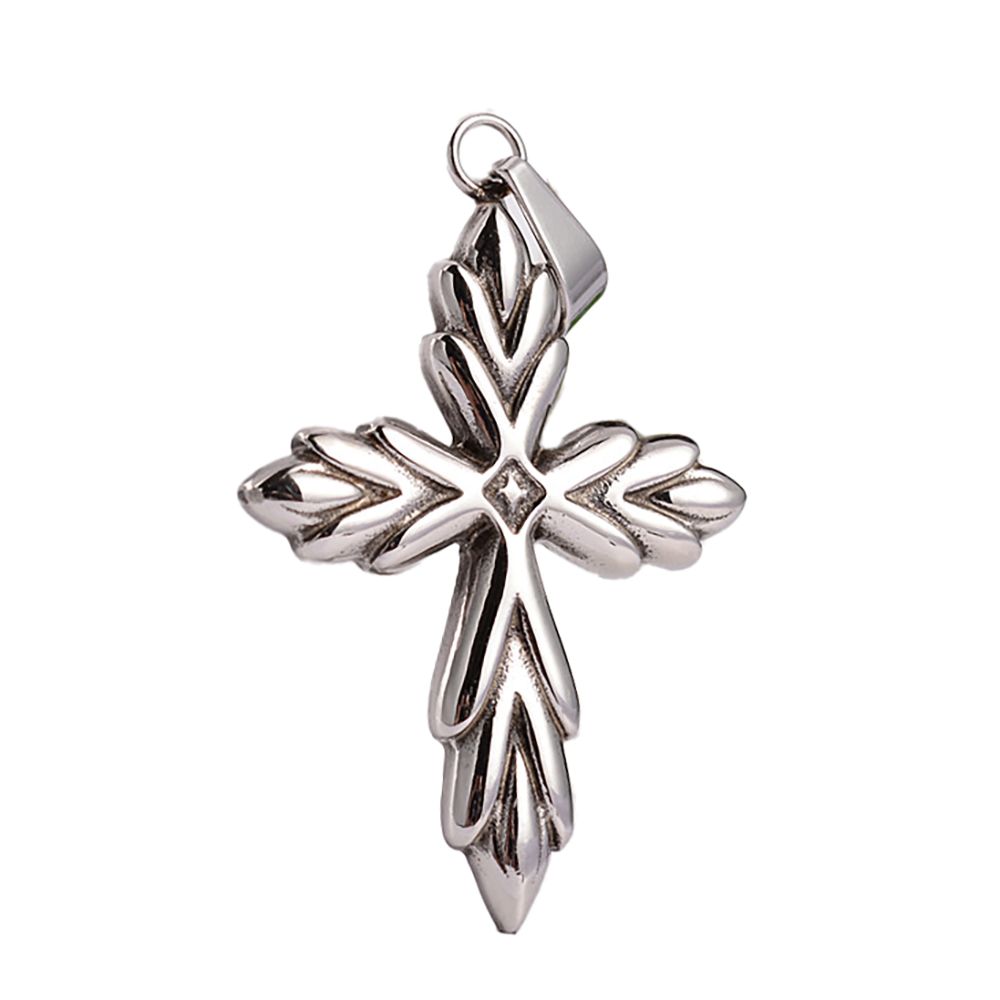 SILVER STAINLESS CARVED CROSS PENDANT