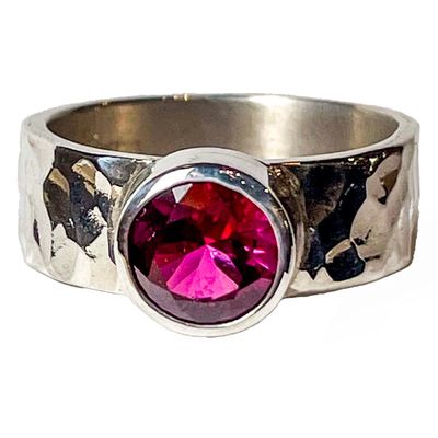 SILVER HAMMERED RUBY CZ RING
