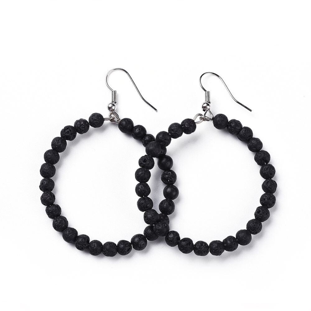 SILVER STAINLESS LAVA ROCK HOOP EARRINGS