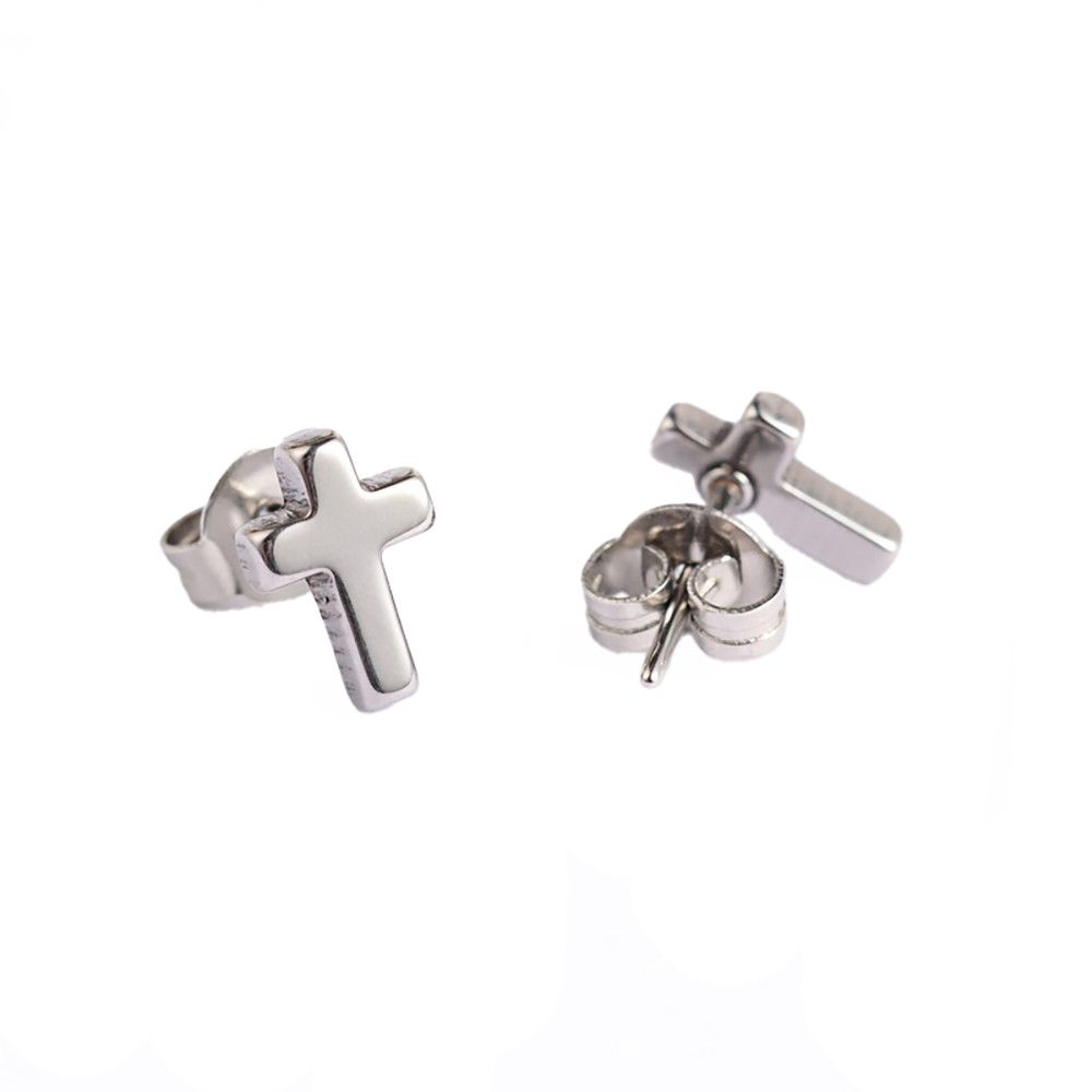 SILVER STAINLESS CROSS STUD EARRINGS
