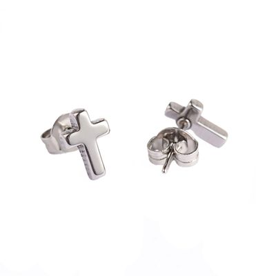 SILVER STAINLESS CROSS STUD EARRINGS