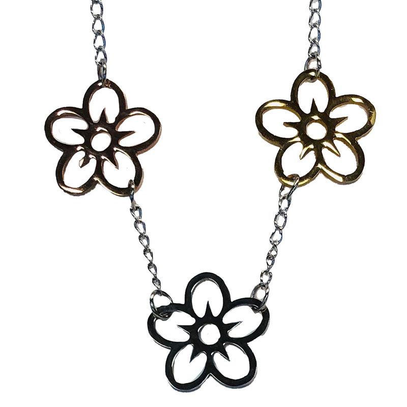MIXED STAINLESS 3-FLOWER NECKLACE MIXED STAINLESS 3-FLOWER NECKLACE