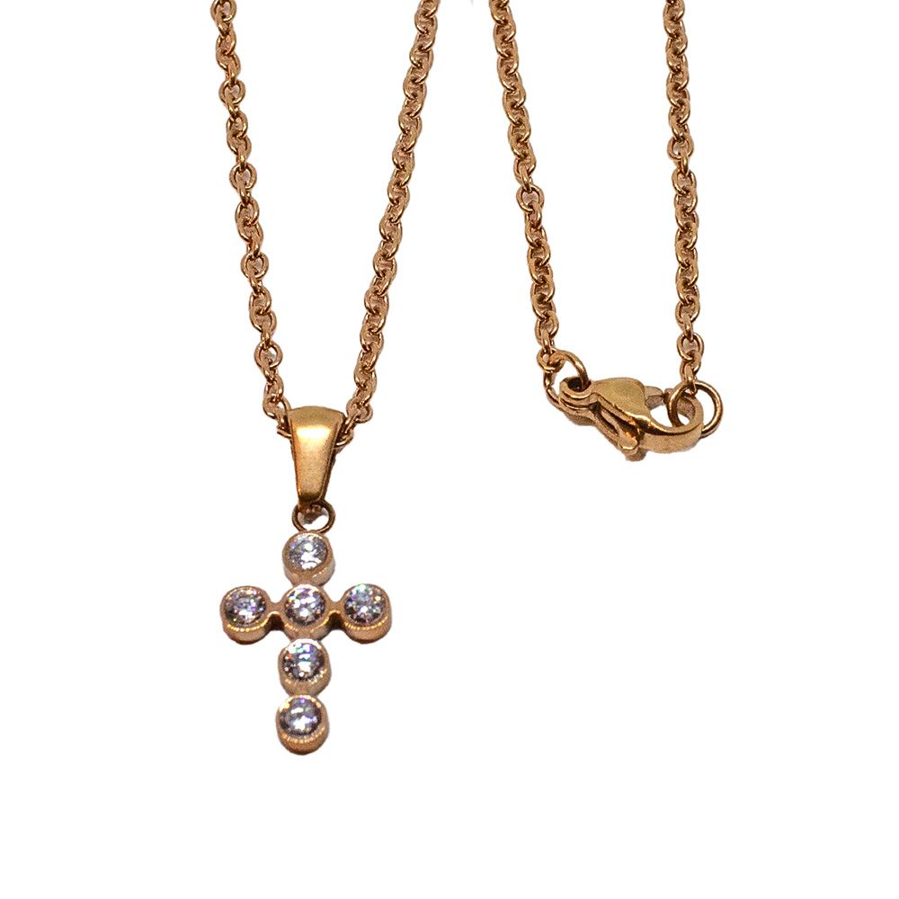 ROSE STAINLESS CZ CROSS NECKLACE