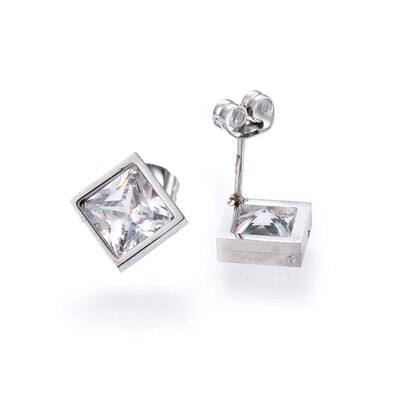 SILVER STAINLESS SQUARE CZ STUD EARRINGS FJE71