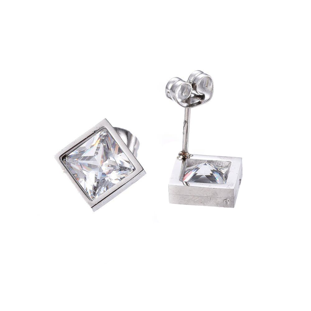 SILVER STAINLESS SQUARE CZ STUD EARRINGS