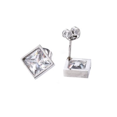 SILVER STAINLESS SQUARE CZ STUD EARRINGS