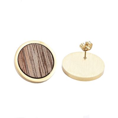GOLD STAINLESS ROUND WOOD EARRINGS