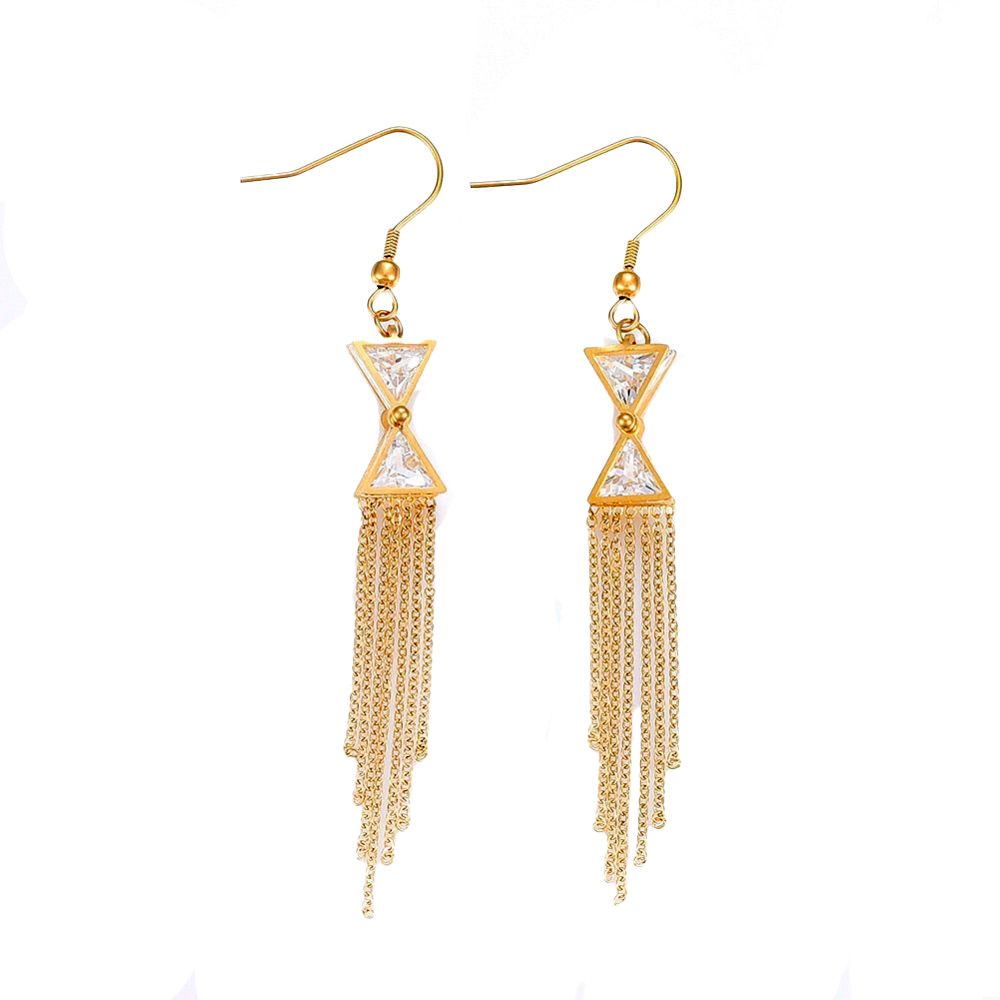 GOLD STAINLESS CZ TRI &amp; CHAIN EARRINGS