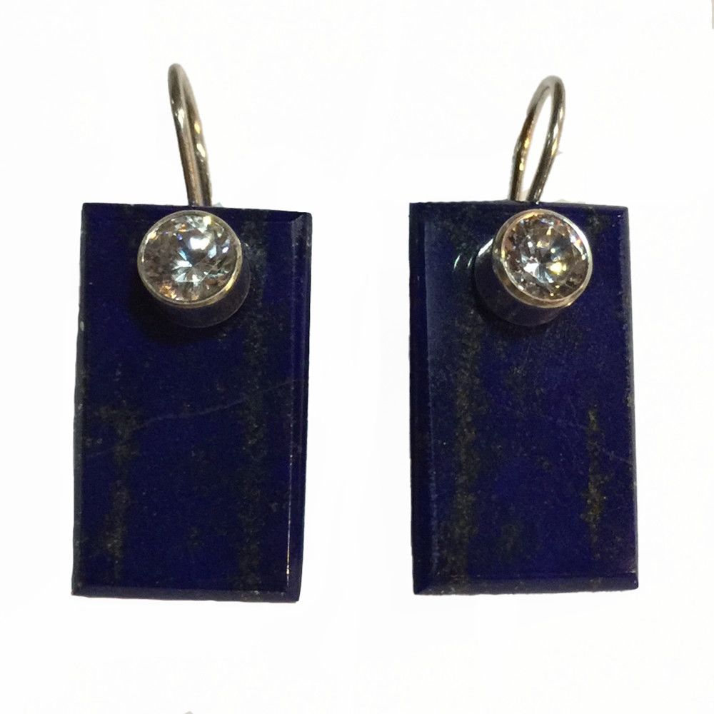 SILVER RECTANGLE LAPIS &amp; CZ EARRINGS