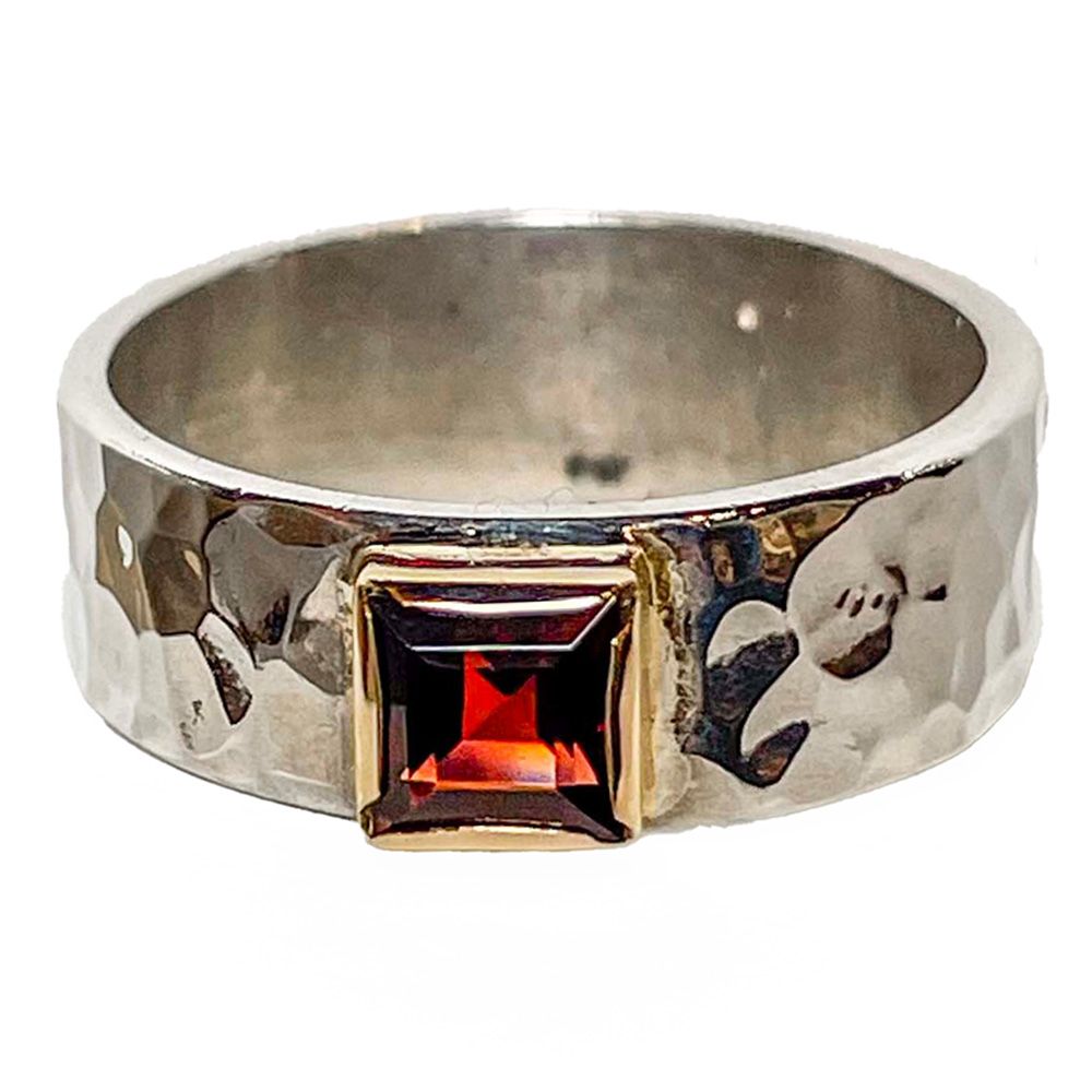 SILVER/14KT HAMMERED GARNET RING