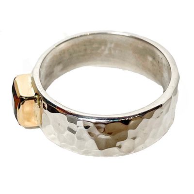 SILVER/14KT HAMMERED GARNET RING