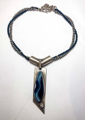 SS/14KT PENDANT W/BRAIZILAN RIBBION AGATE &amp; 6MM WHT CZ -NECKLACE W/BLK ONYX &amp; NAVAJO PEARLS